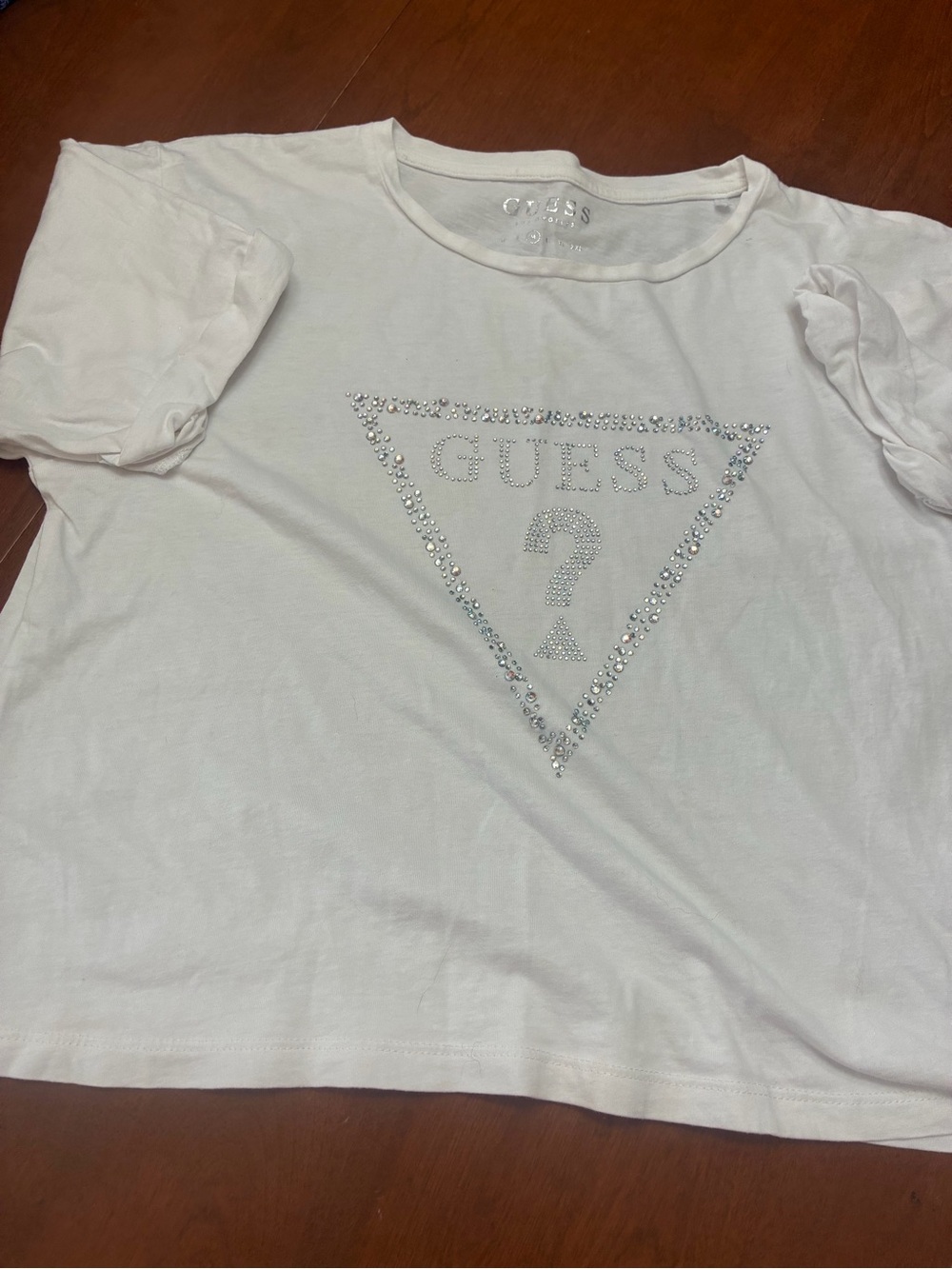 Guess White Short Sleeve Tee with Rhinestone Triangle Logo